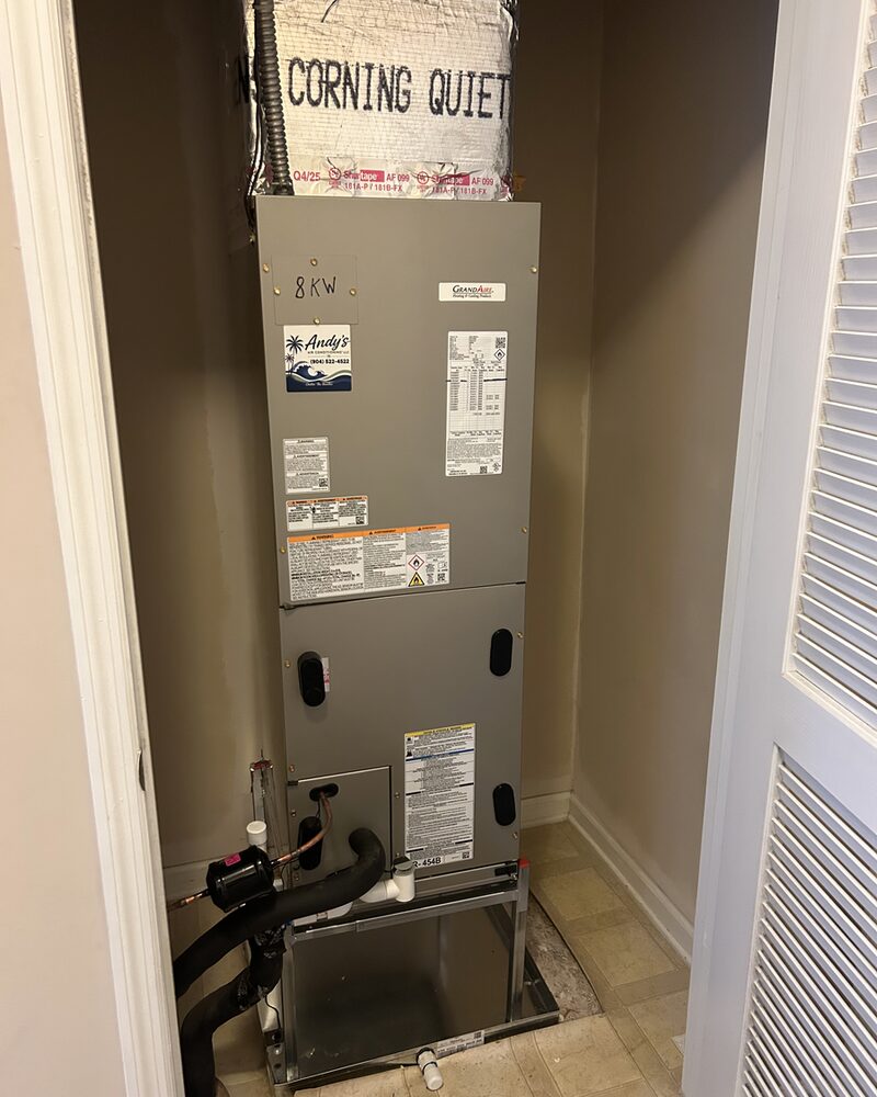 Indoor air handler installed by Andy's Air in a utility closet