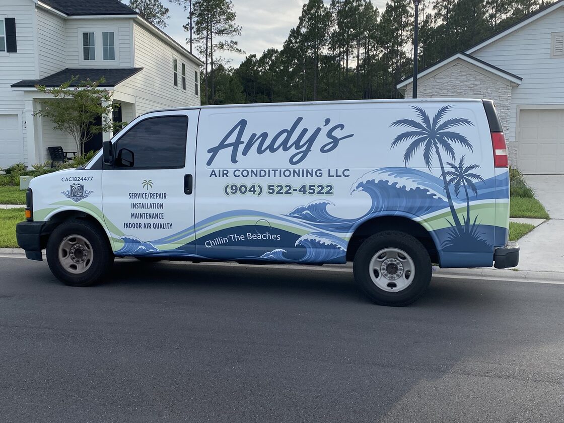 Andy's Air Conditioning branded service van parked on a Northeast Florida neighborhood street